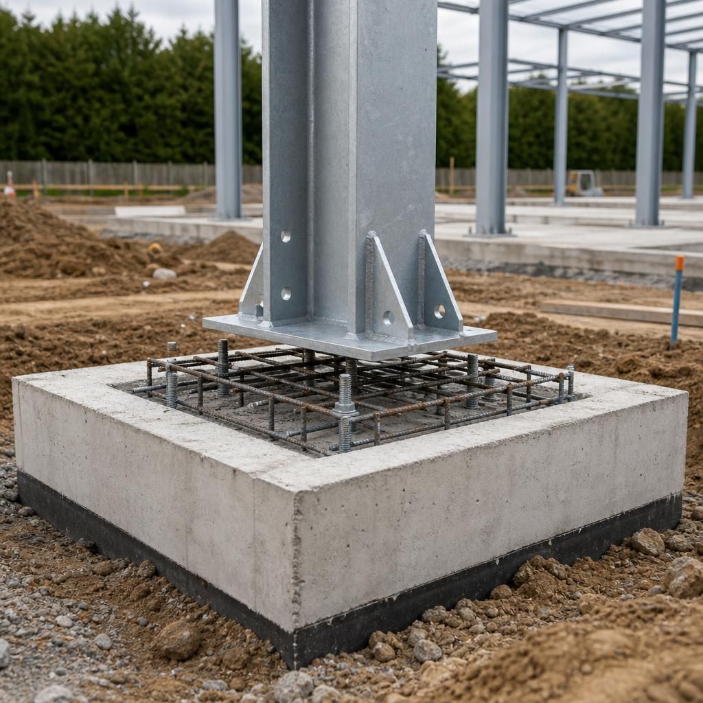 Steel column base plate aligned over a reinforced concrete foundation