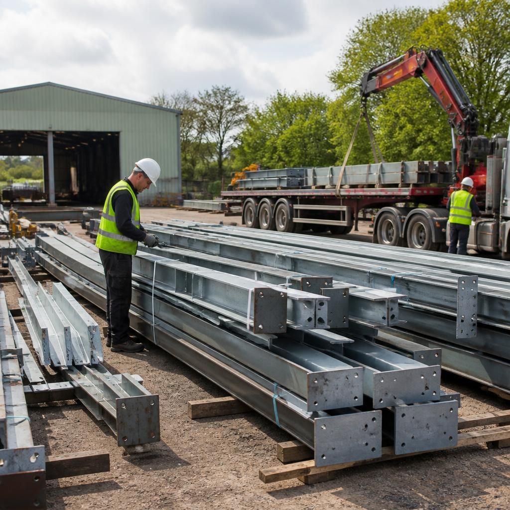 Labelled steel frame components prepared for transport and reassembly