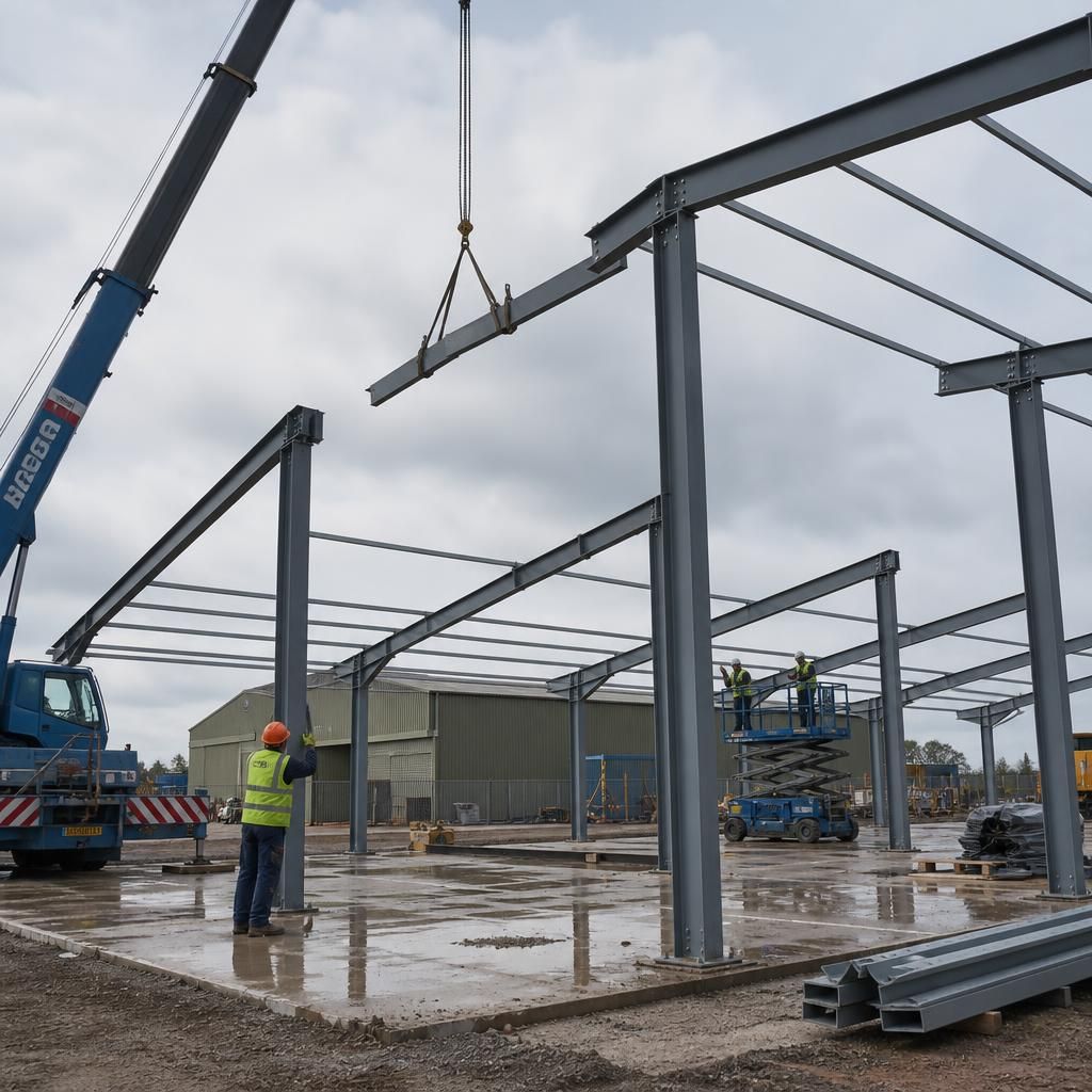 Steel columns and rafters being assembled for a temporary warehouse