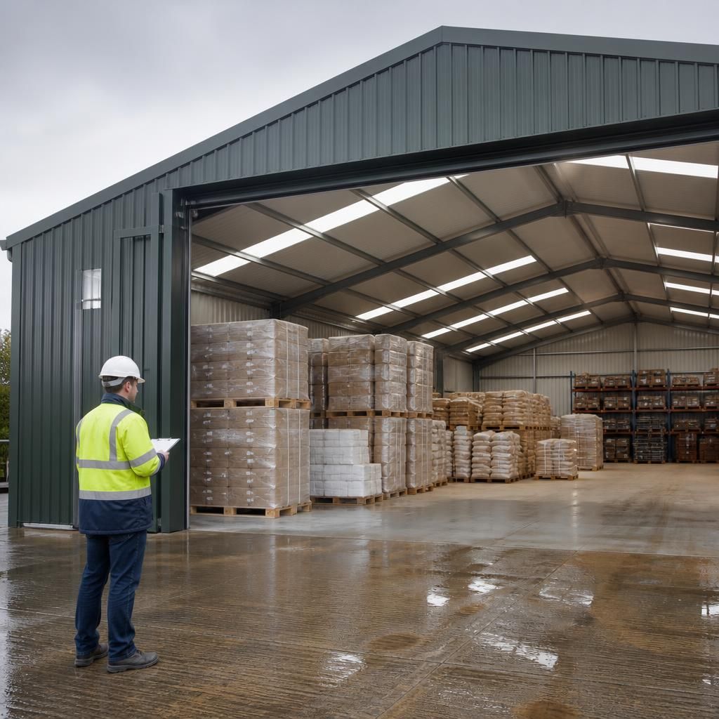 Steel-framed warehouse with wide access doors and palletised goods inside