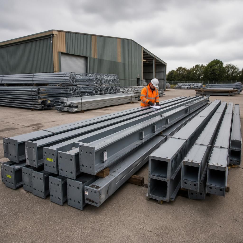 Disassembled steel warehouse frame components labelled for relocation