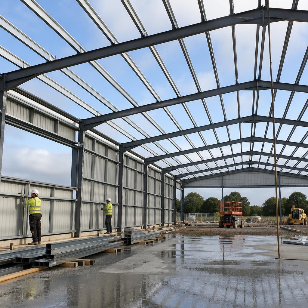 Steel warehouse frame with roof trusses and cladding panels under construction