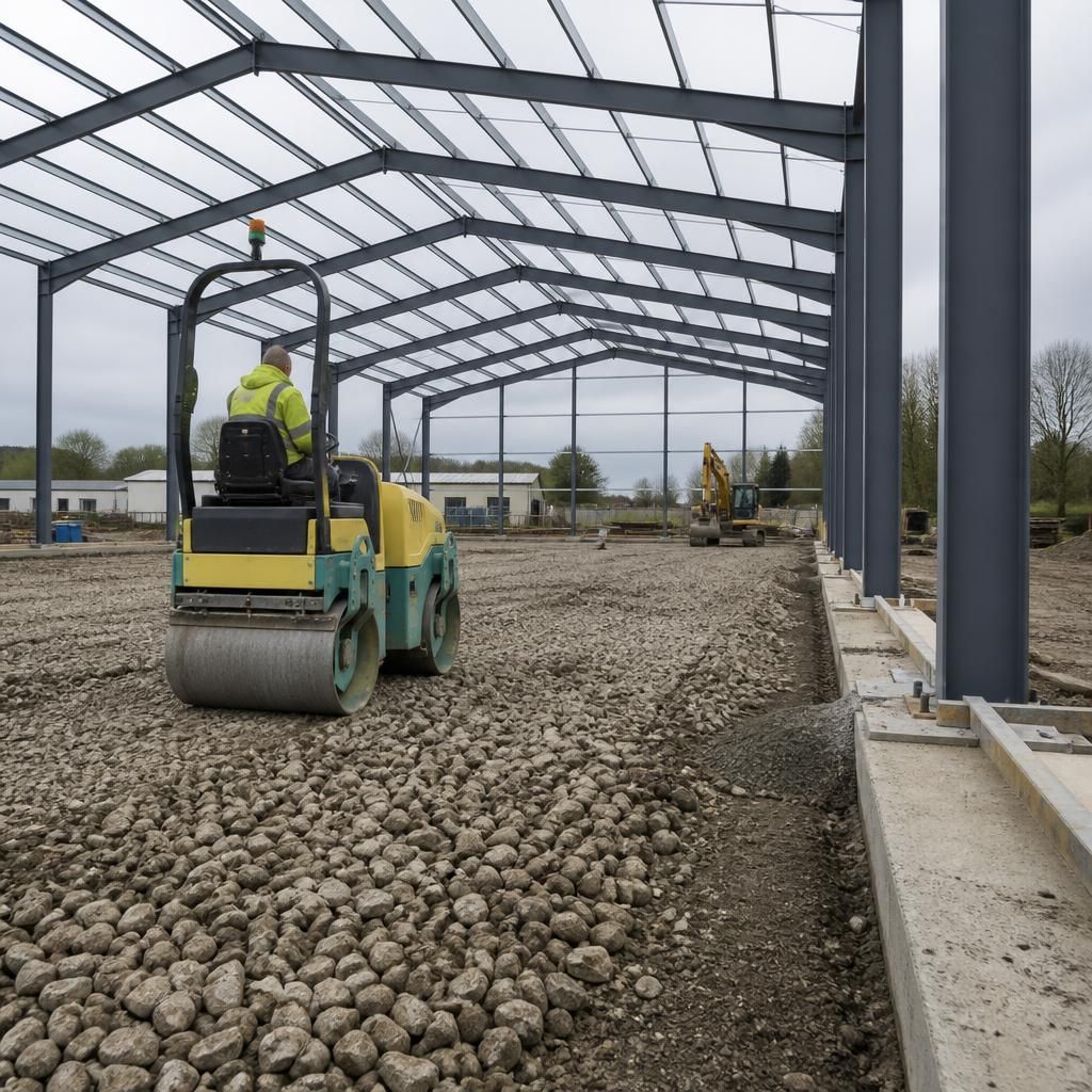 Compacted stone sub-base being prepared for a steel warehouse floor