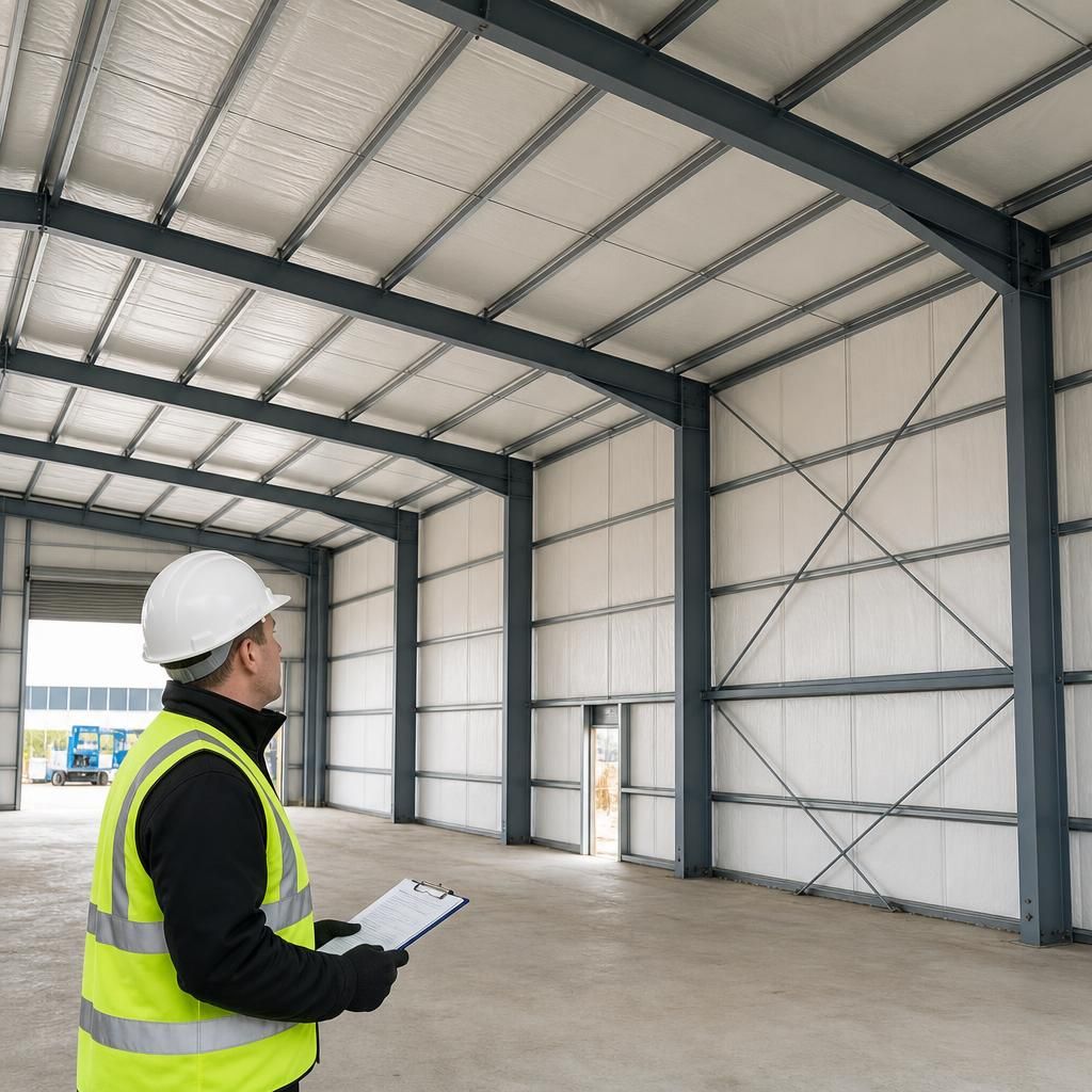 Steel-framed industrial building with insulated roof and wall panels