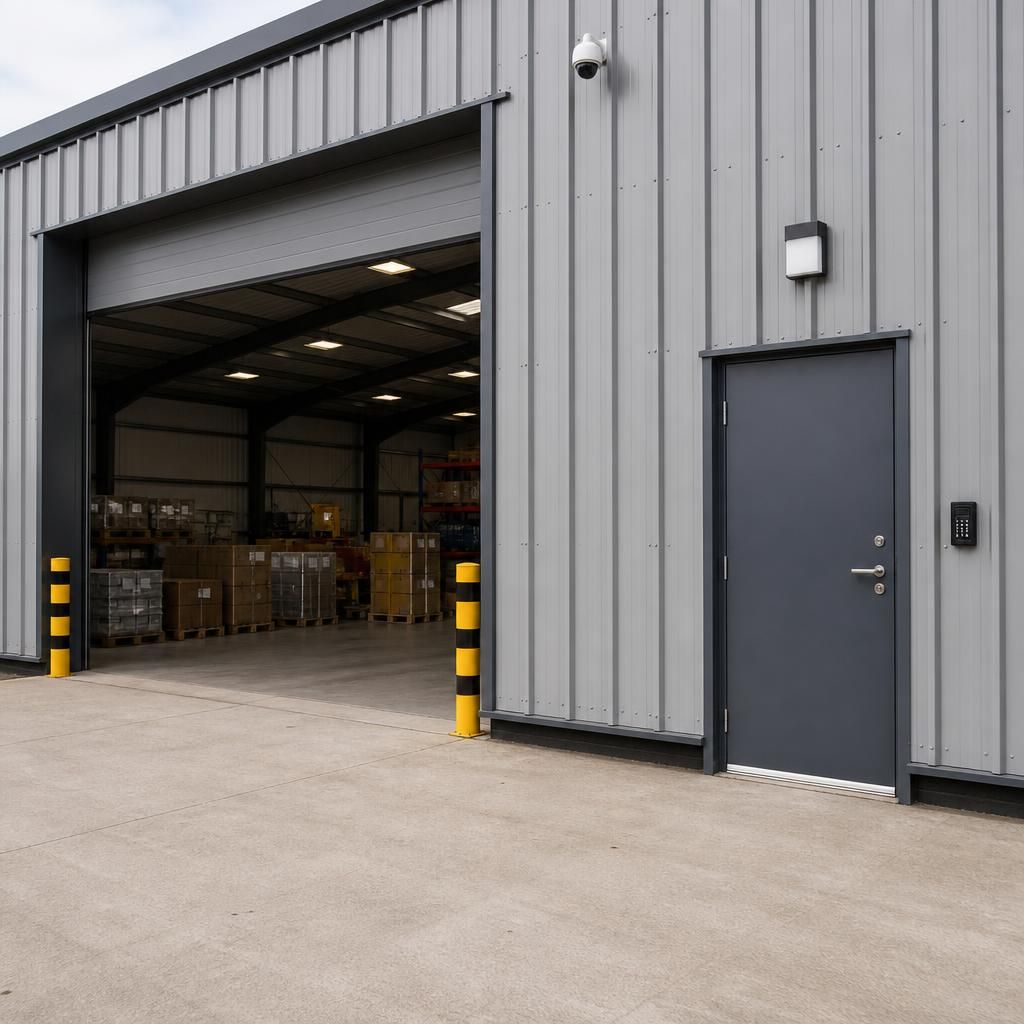 Steel-framed warehouse with a secured personnel door and lockable vehicle entrance