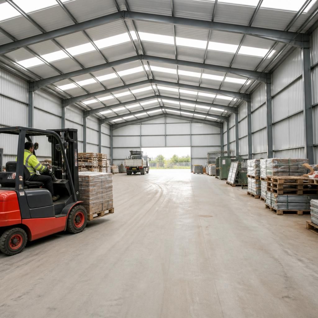 Temporary steel-framed warehouse with forklift access and stored pallets