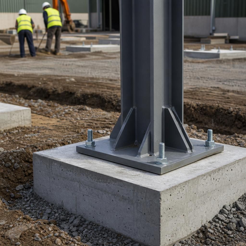 Concrete foundation pad with anchor bolts ready for a steel column