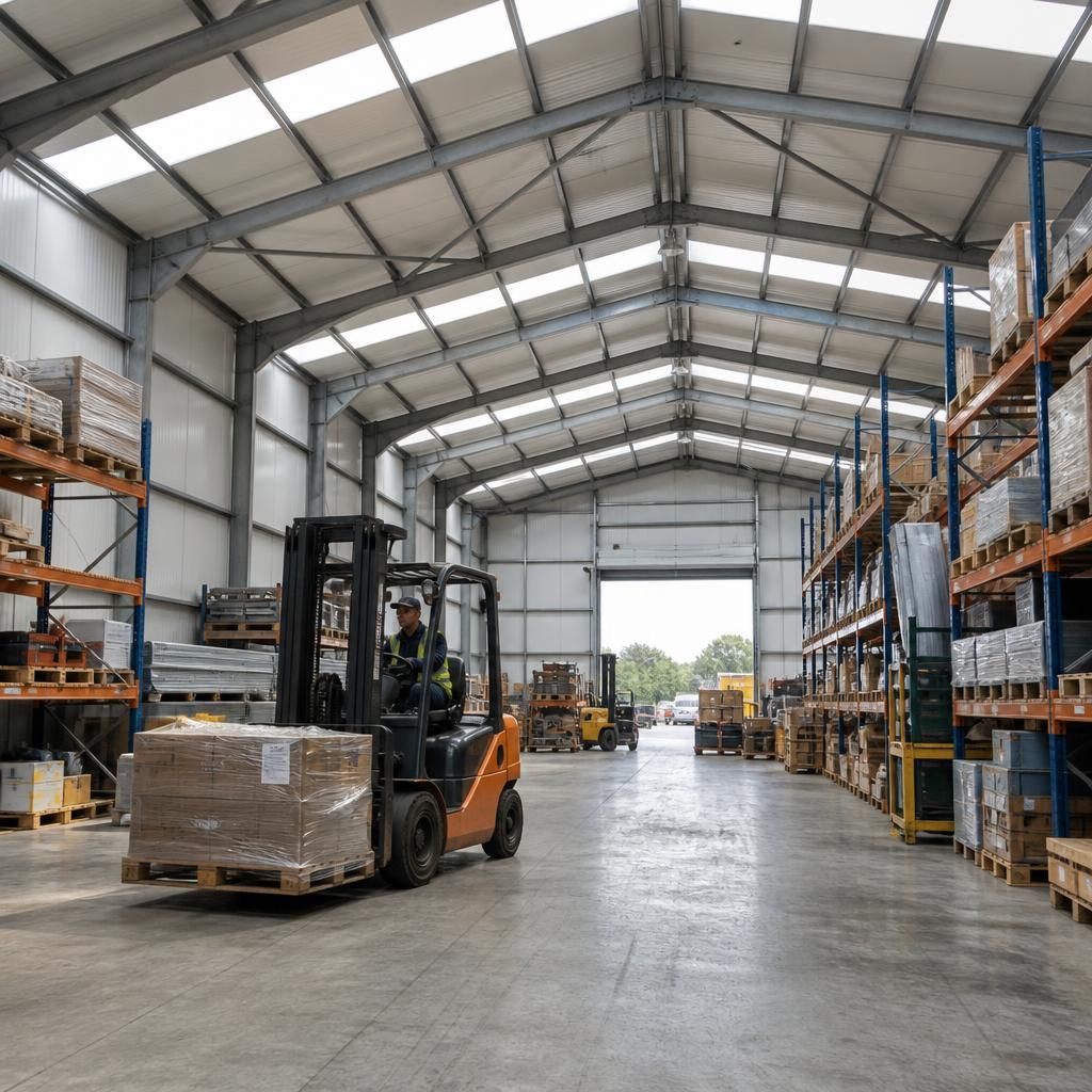 Steel-framed industrial building with pallet racking and a forklift inside