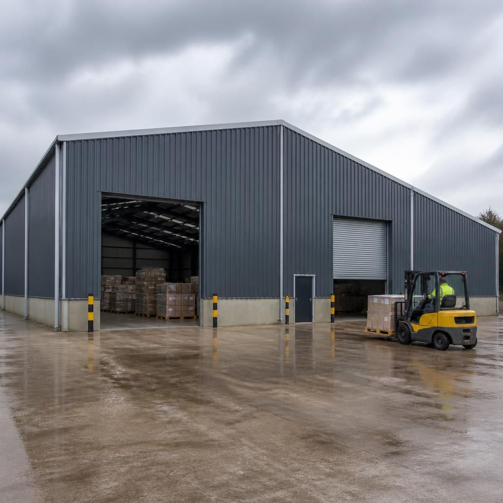Steel-framed temporary warehouse with cladding, loading doors and stored pallets