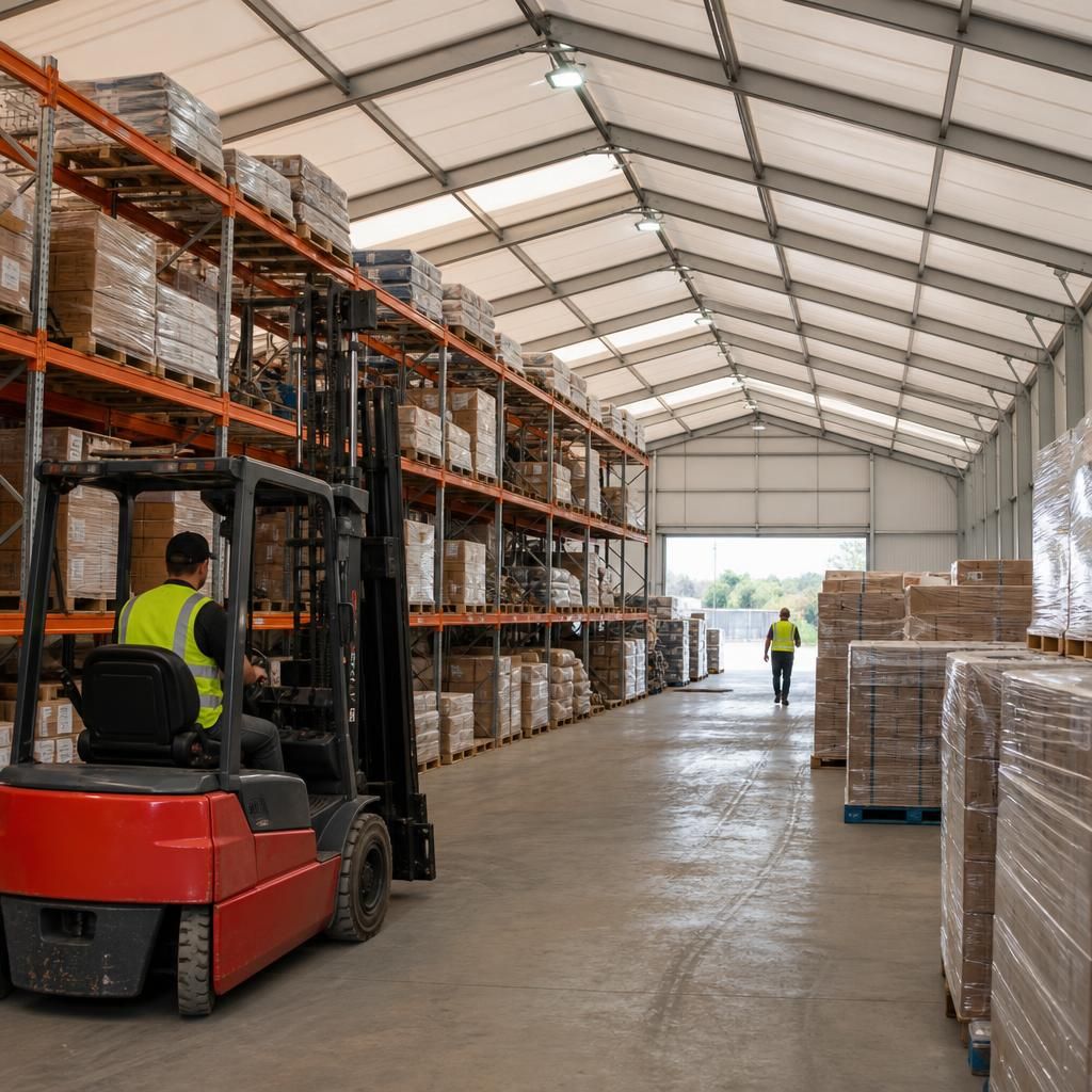 Steel-framed warehouse with pallet racking and stored commercial goods