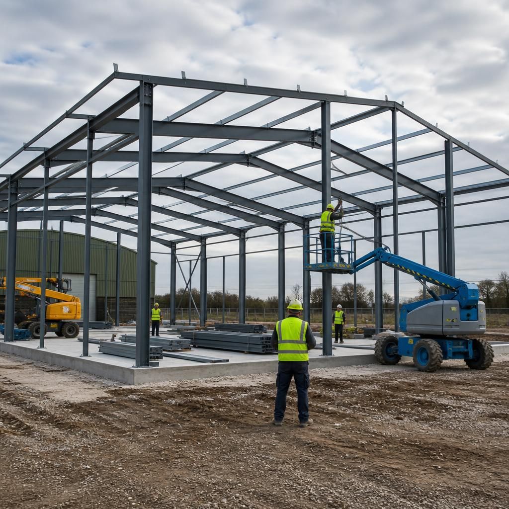 Workers assembling a hot rolled steel frame for a temporary warehouse