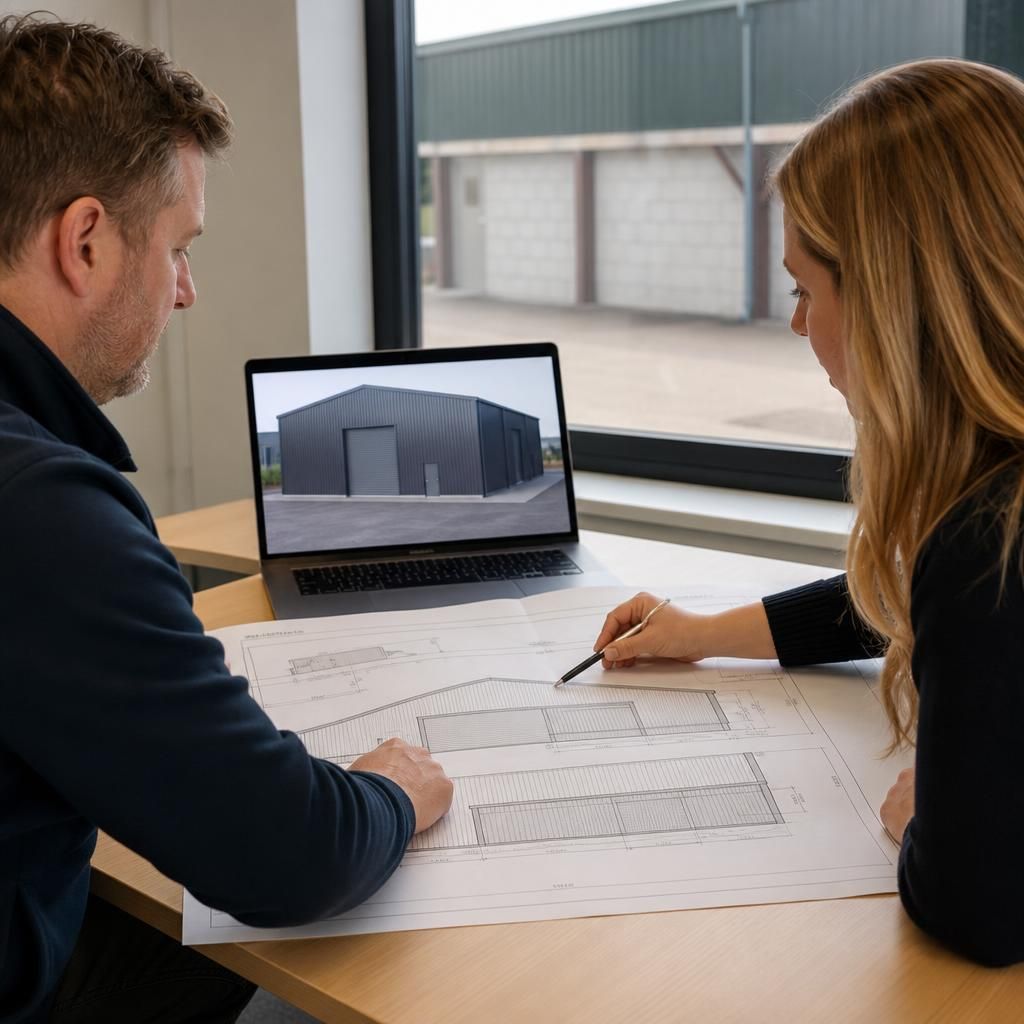 Planning elevation drawing of a temporary steel warehouse beside an existing industrial building