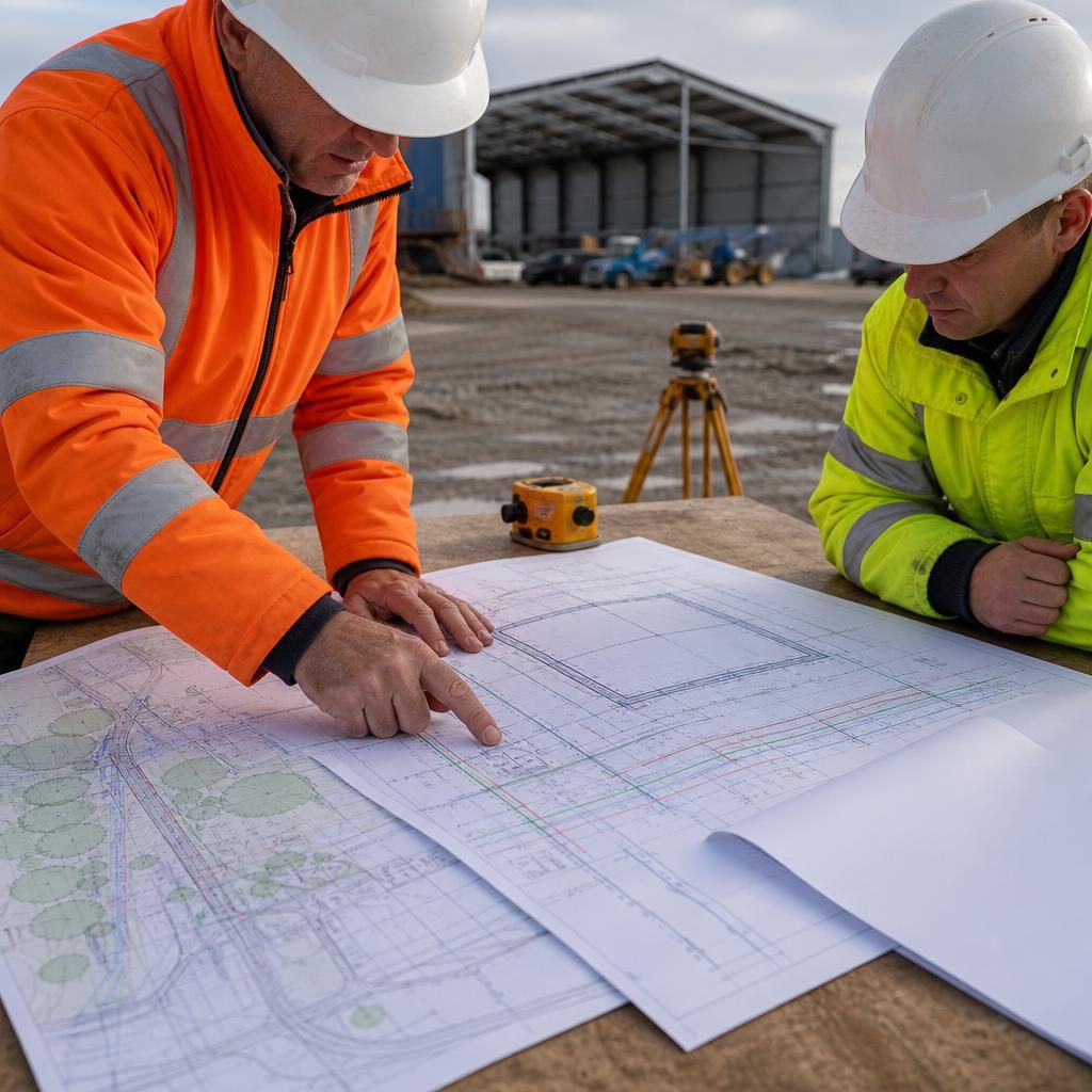Site plan and survey drawings for a proposed temporary warehouse location