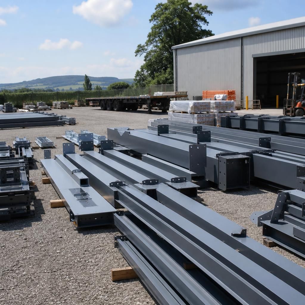 Steel warehouse frame components prepared for assembly