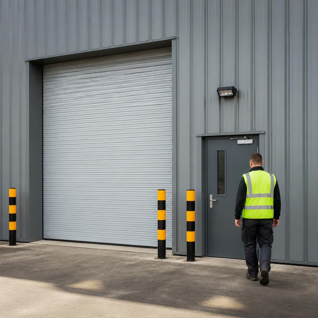 Warehouse elevation showing a roller shutter loading door beside a personnel entrance