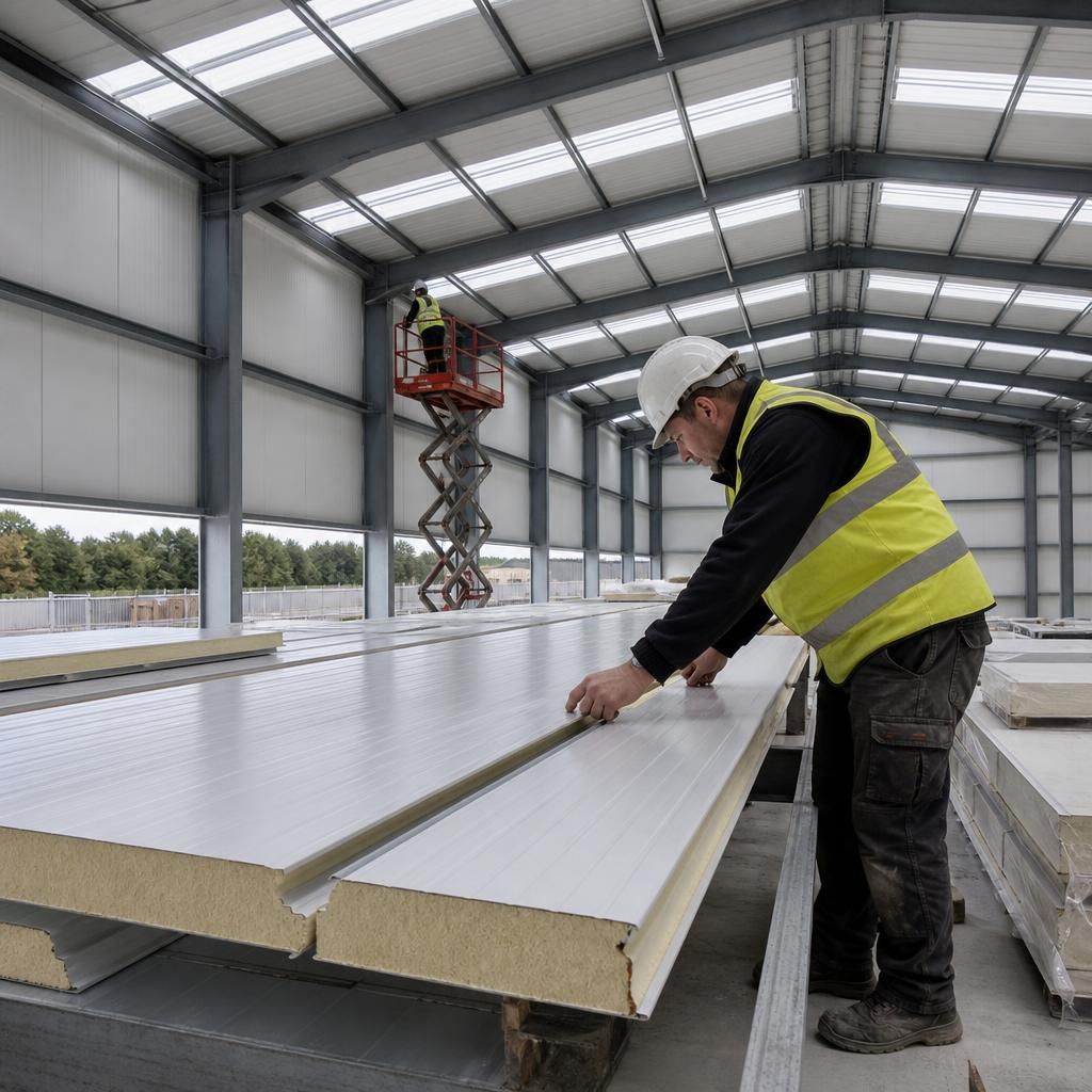 Insulated composite panels fitted to a steel warehouse roof and walls