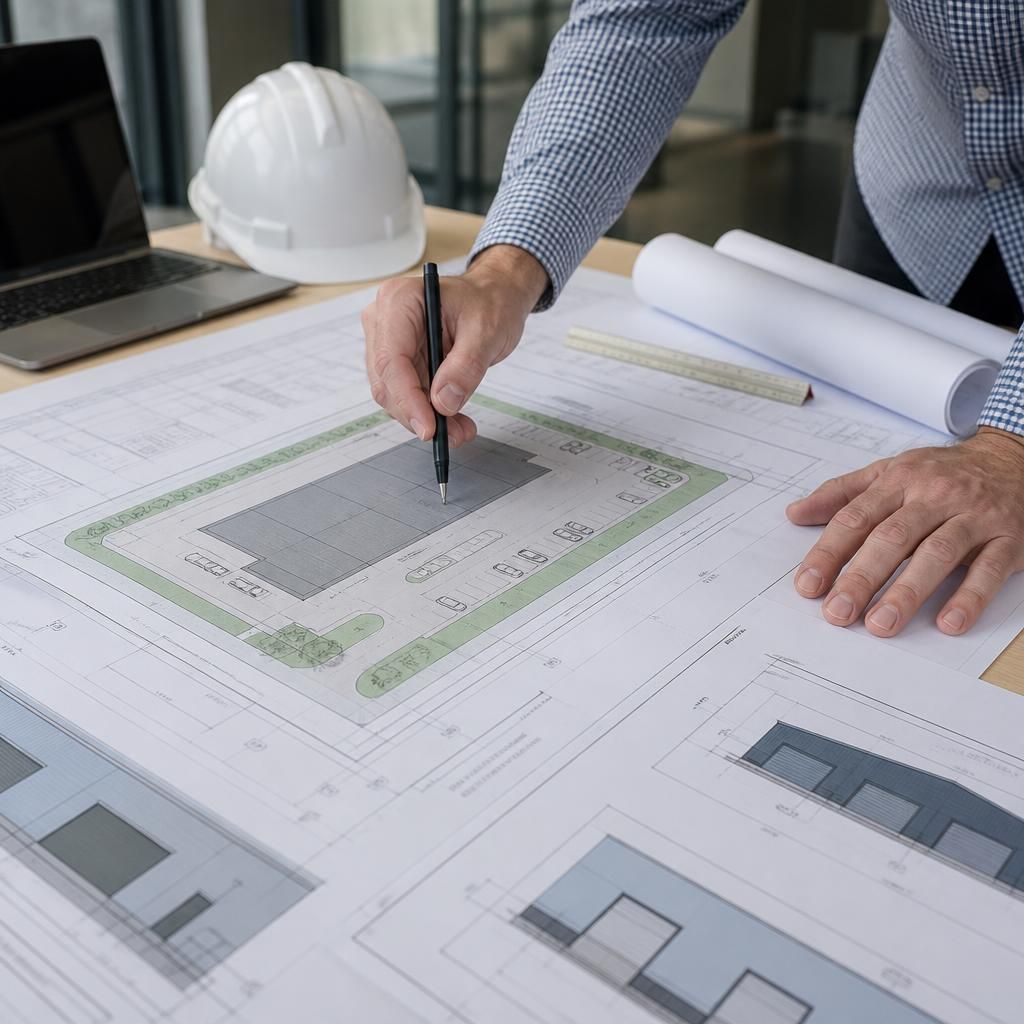 Warehouse planning drawings showing site layout, elevations and vehicle access