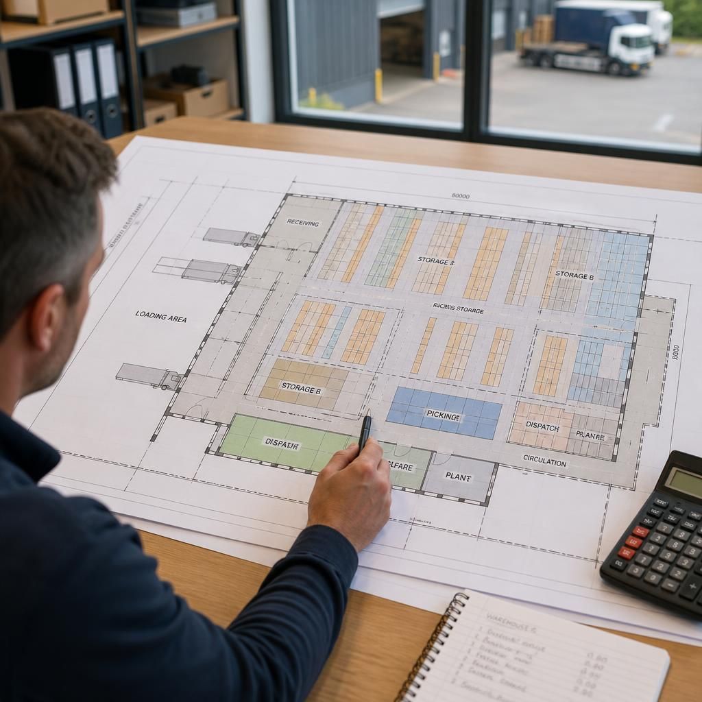 Scaled warehouse floor plan showing storage racks, loading areas and circulation routes