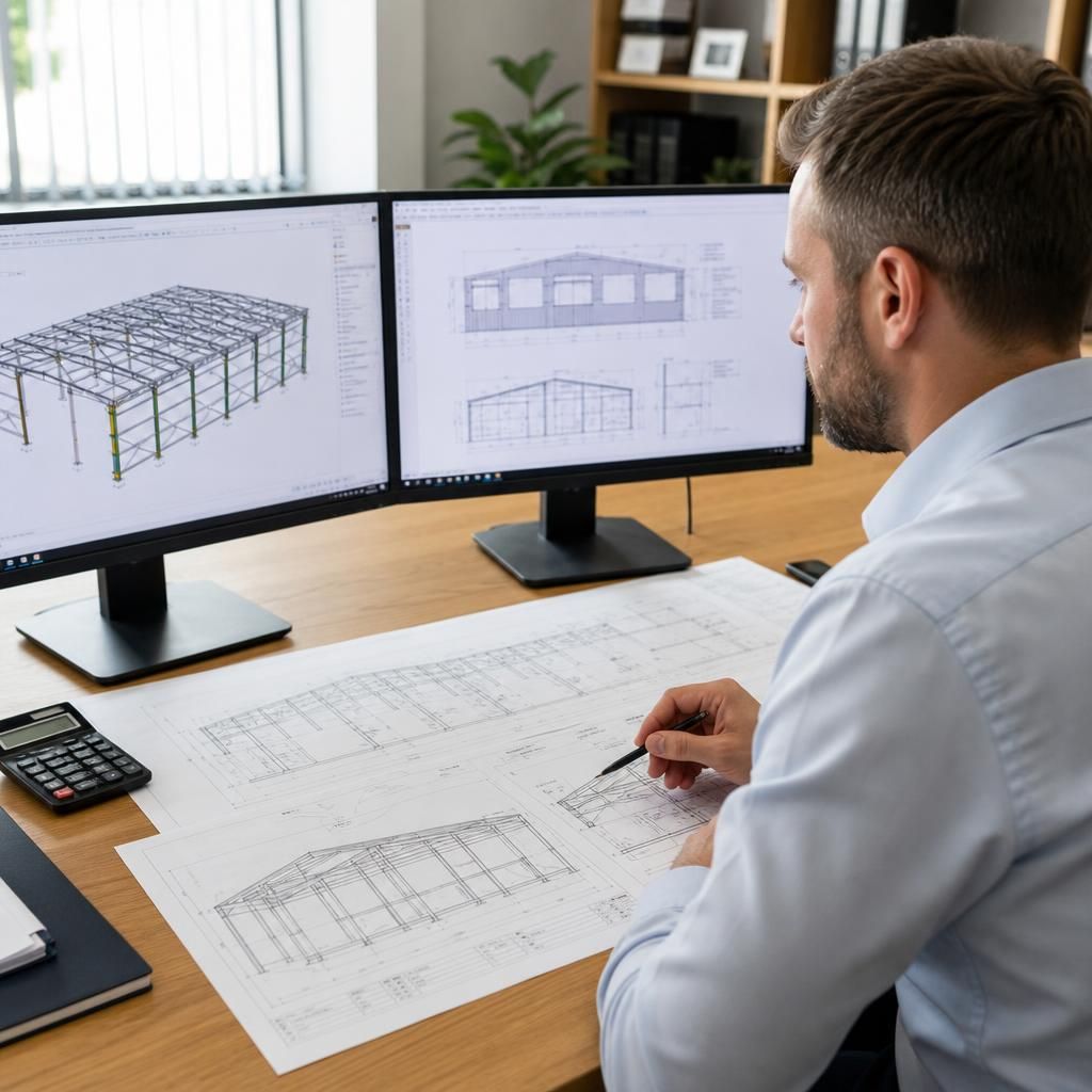 Engineer reviewing warehouse steel frame drawings before fabrication