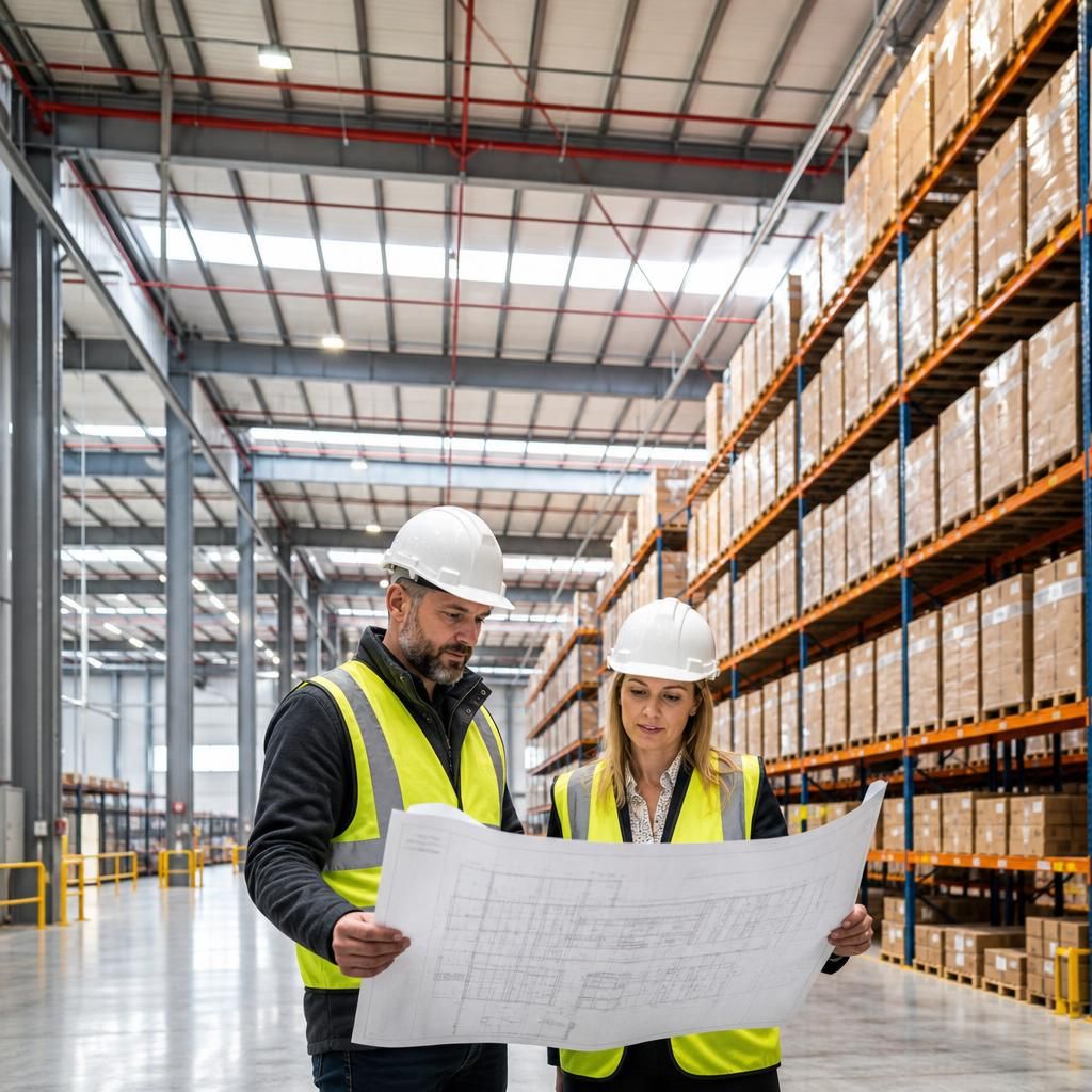 Warehouse interior with steel frame, storage racking and marked emergency exits
