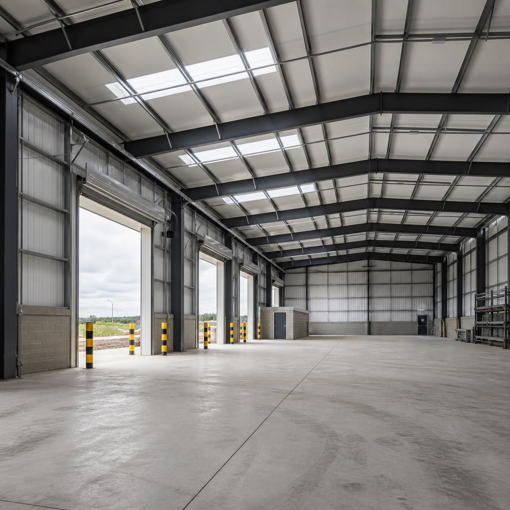 Steel-framed warehouse with cladding, loading doors and concrete floor