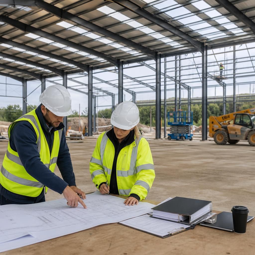 Warehouse construction contract documents with technical drawings and structural steel plans