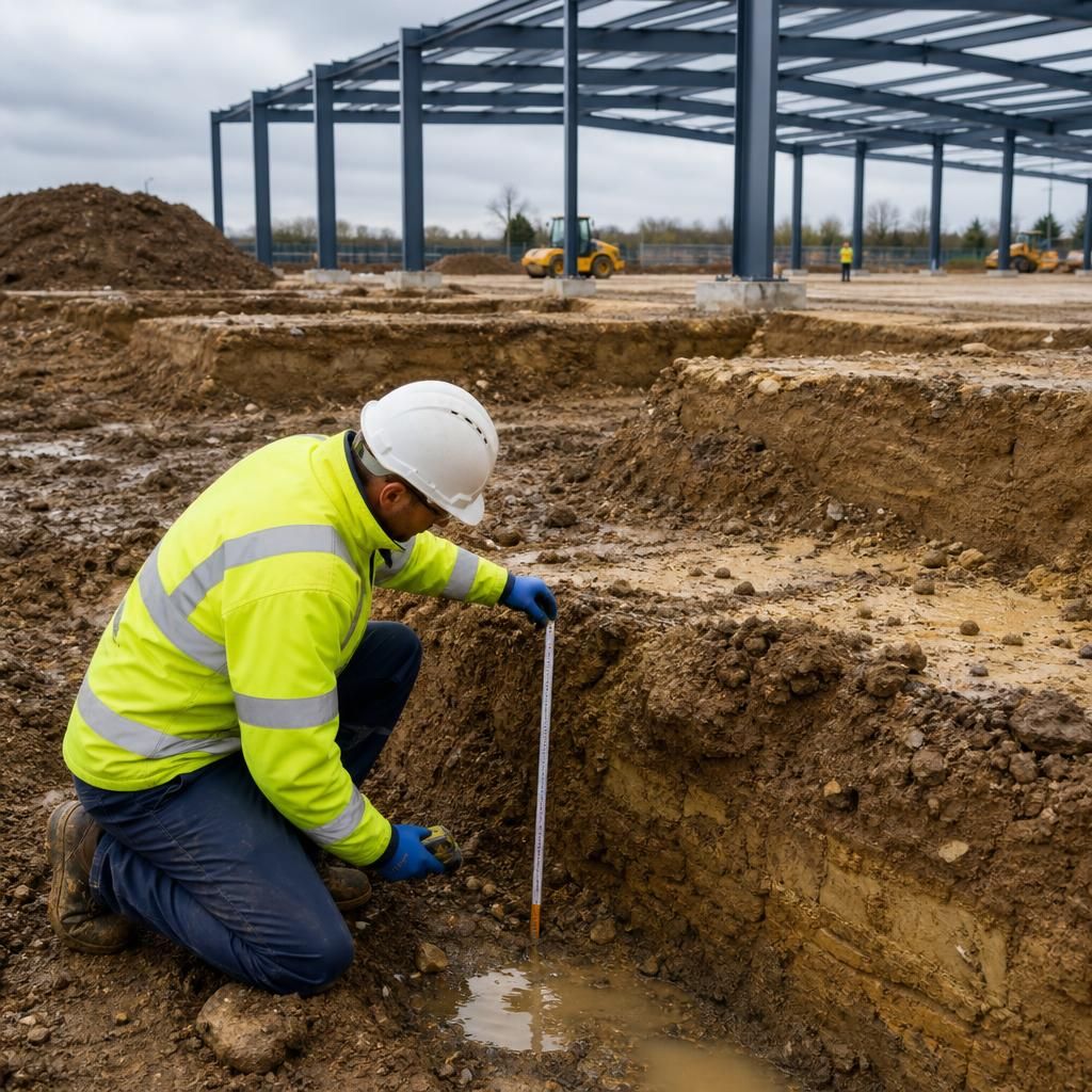Surveyor checking ground levels and soil conditions at a warehouse construction site