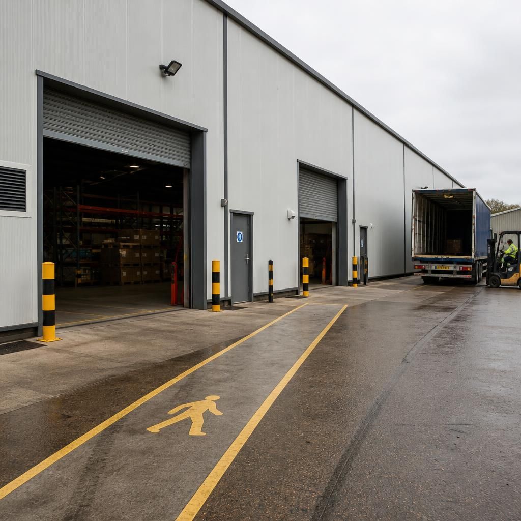 Temporary warehouse with vehicle loading doors and a marked pedestrian access route