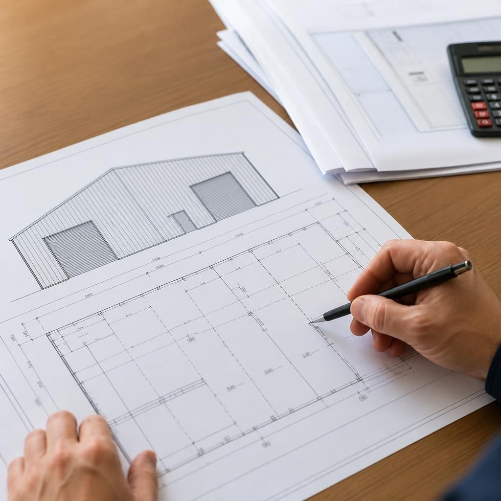 Temporary warehouse elevation and floor plan drawings on a desk