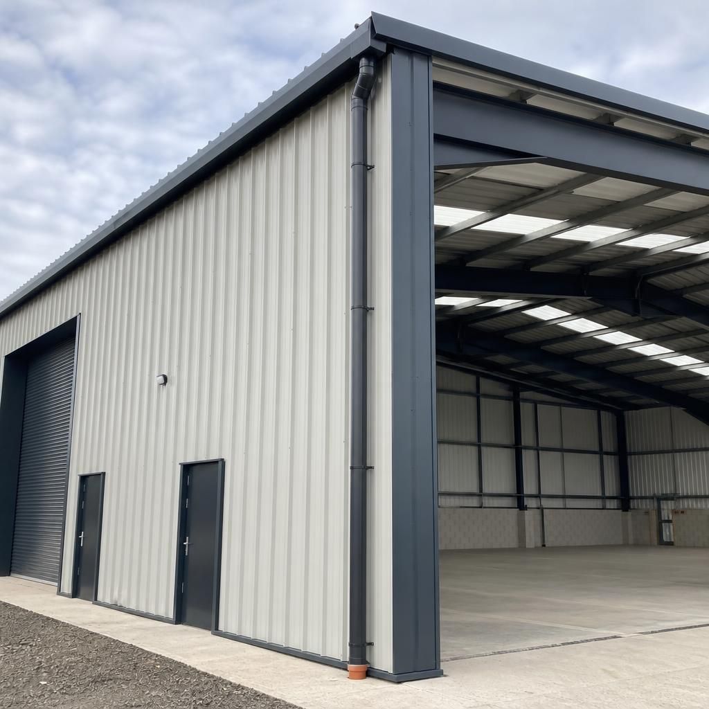 Industrial steel building frame with roof cladding, doors and drainage components