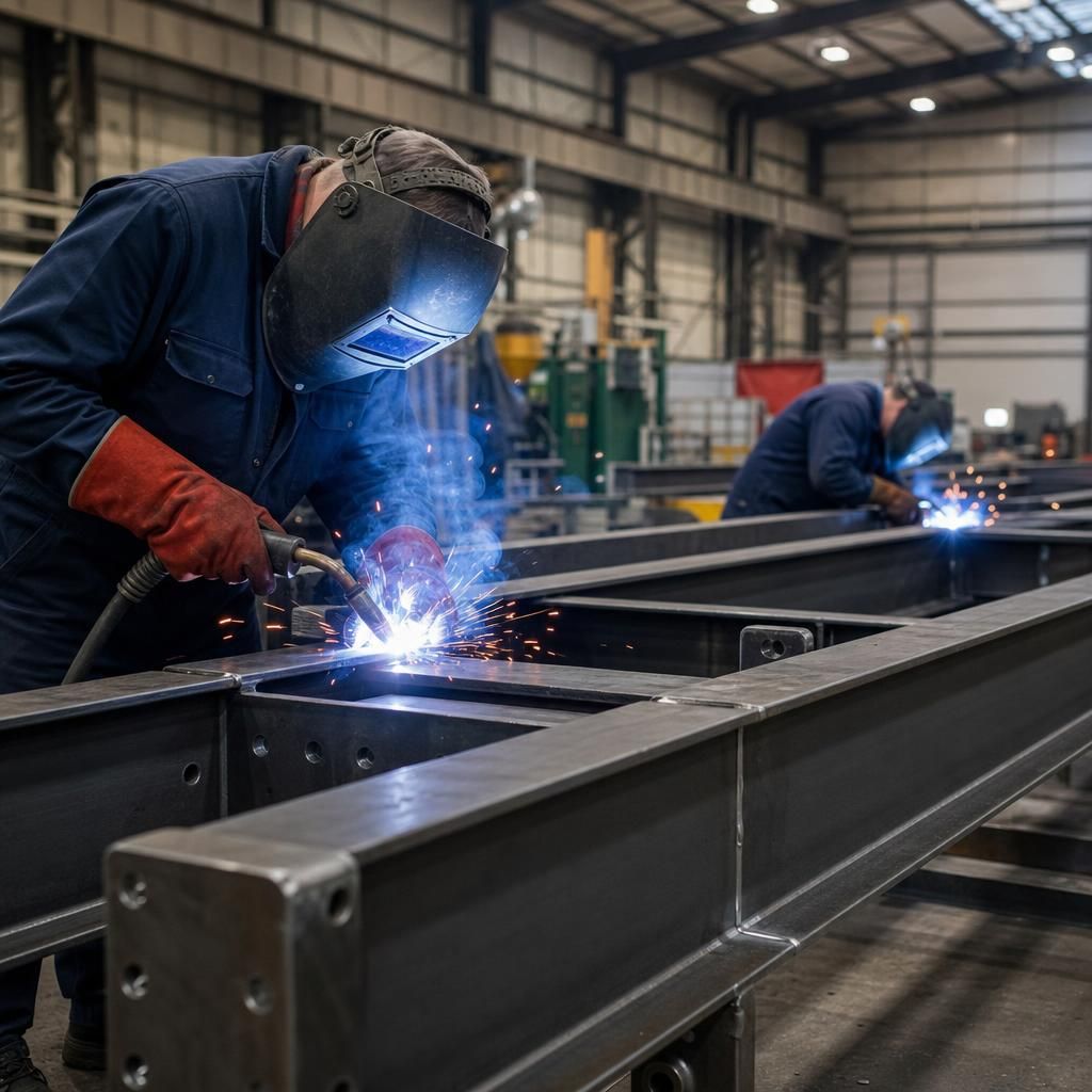 Fabricators welding a steel frame component in a manufacturing workshop