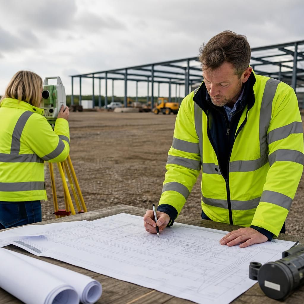 Architectural plans and a site survey for an industrial building