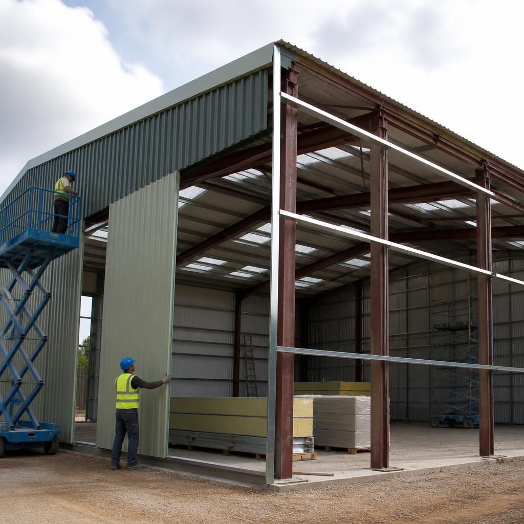 Existing steel-framed building with roof sheets, purlins and wall cladding