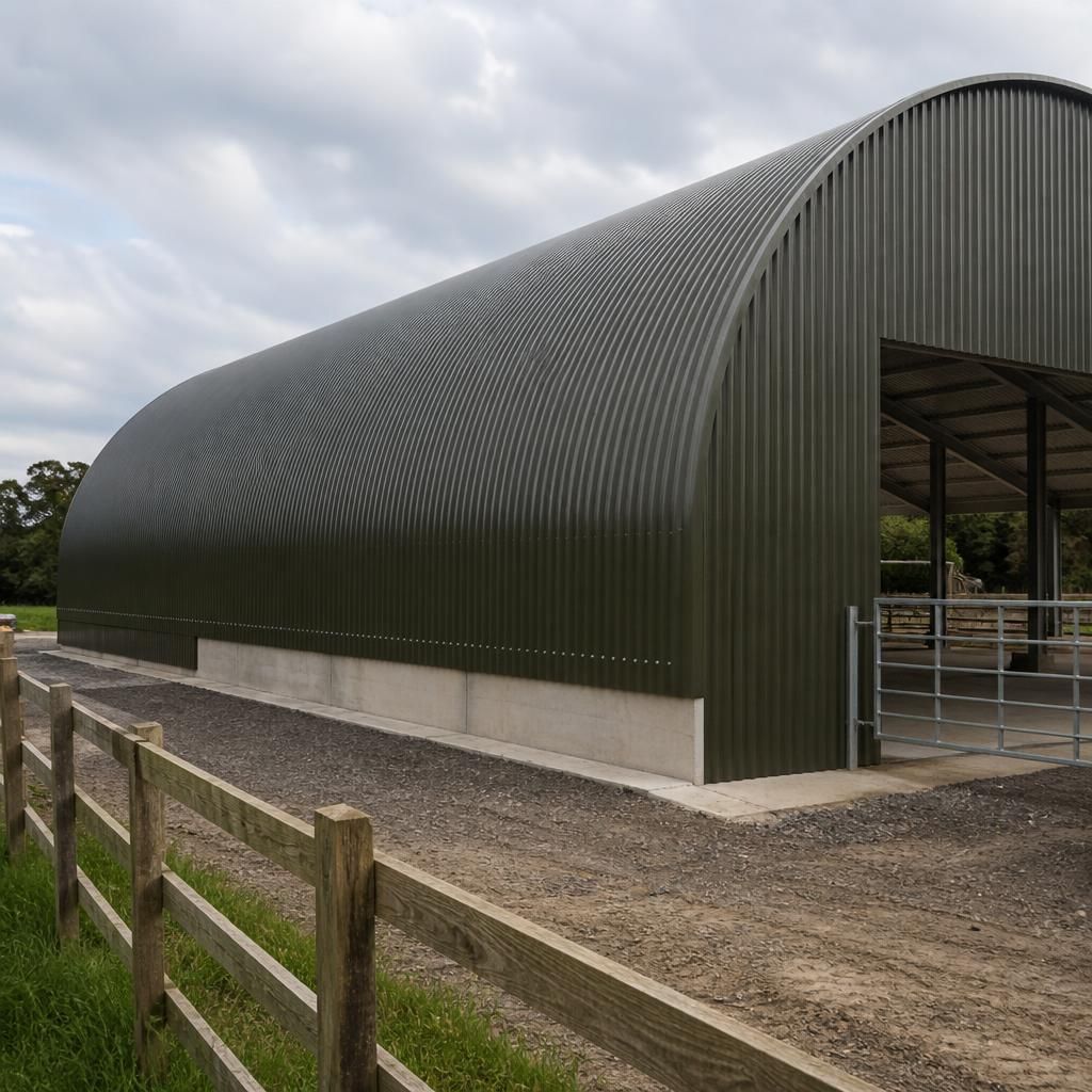 Curved corrugated steel roof sheets fitted to a barrel-shaped agricultural building