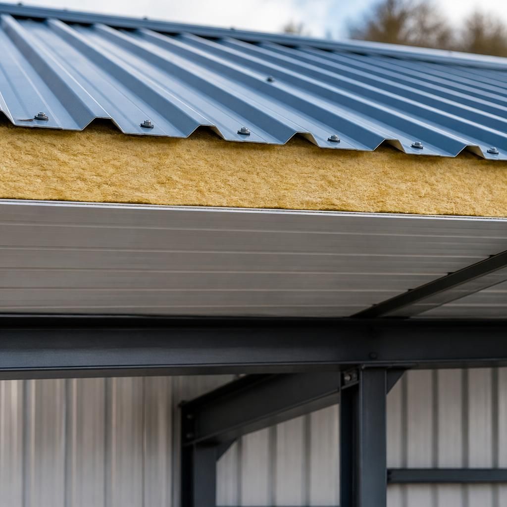 Cross-section of a corrugated steel roof showing the outer sheet, insulation layer and internal liner