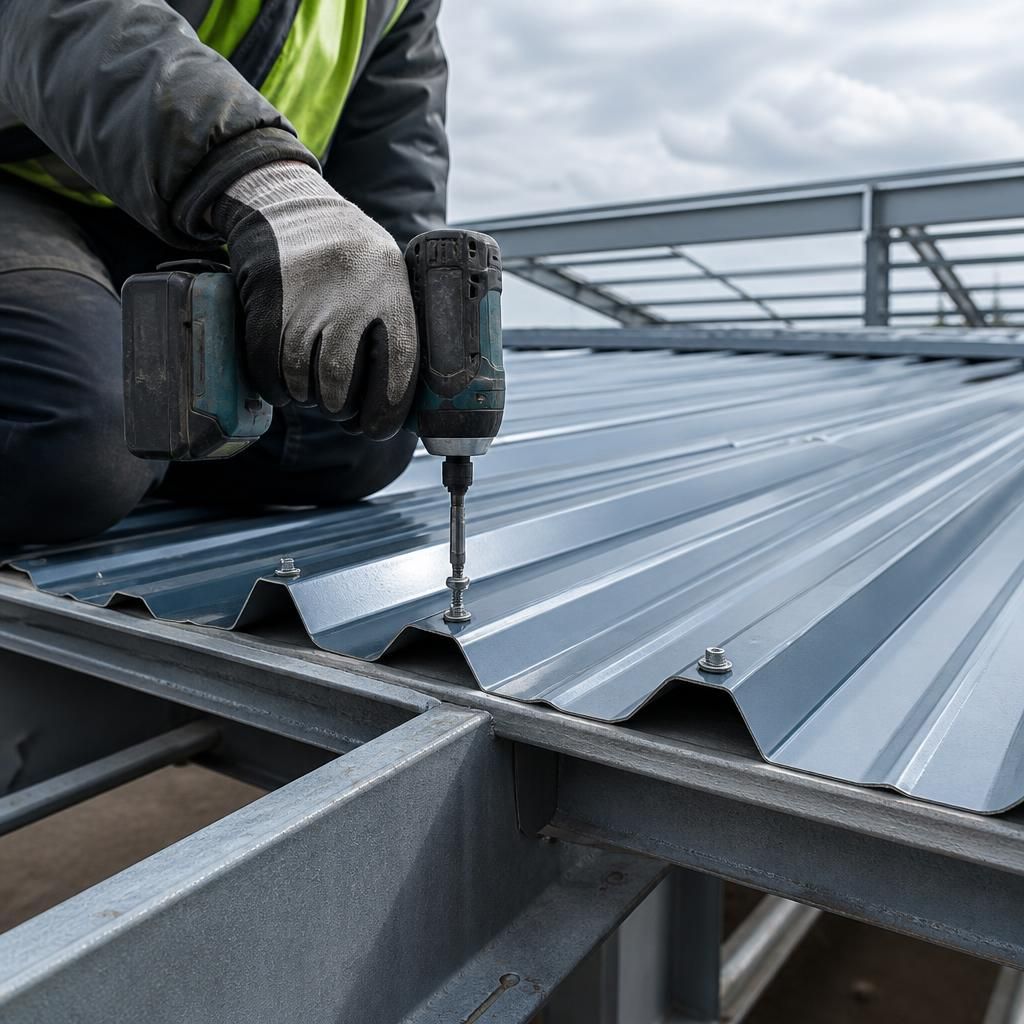Installer driving a sealed roofing screw through a corrugated sheet into a steel purlin