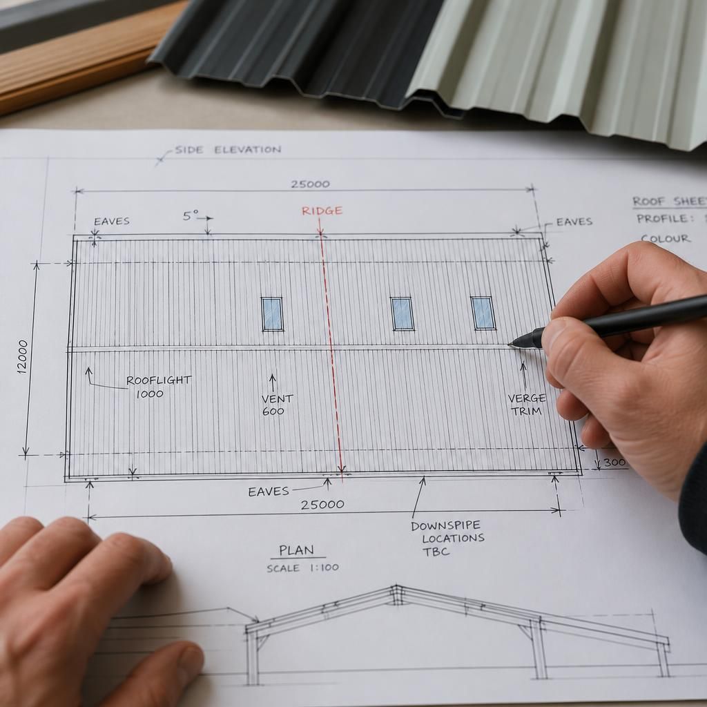 Marked-up roof plan showing dimensions, ridge, eaves, rooflights and sheet layout