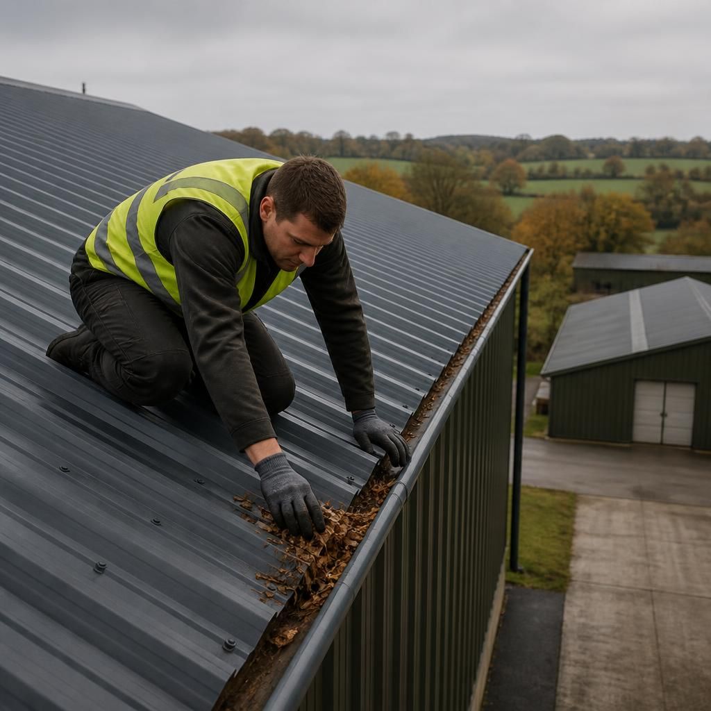 Corrugated steel roof with intact coated sheets and clear gutters