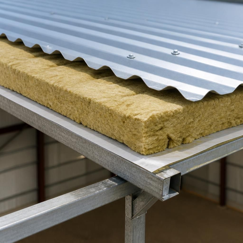 Cross-section of a galvanised corrugated roof with insulation and vapour control layer