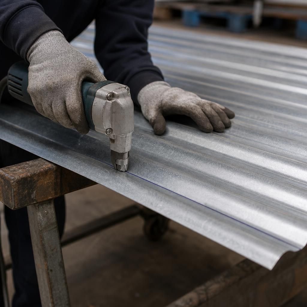 Nibbler cutting a galvanised corrugated roofing sheet along a marked line