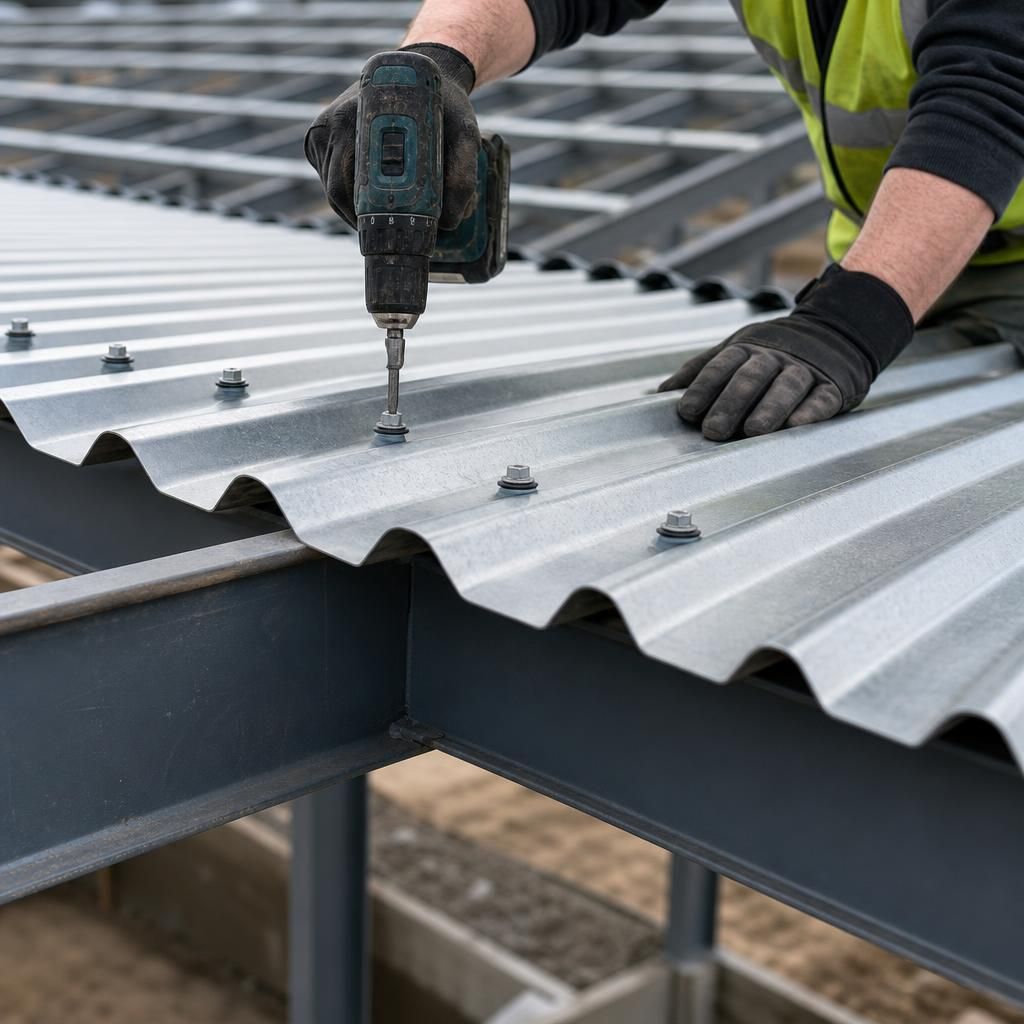 Roofing screws with sealing washers securing a corrugated sheet to a steel purlin