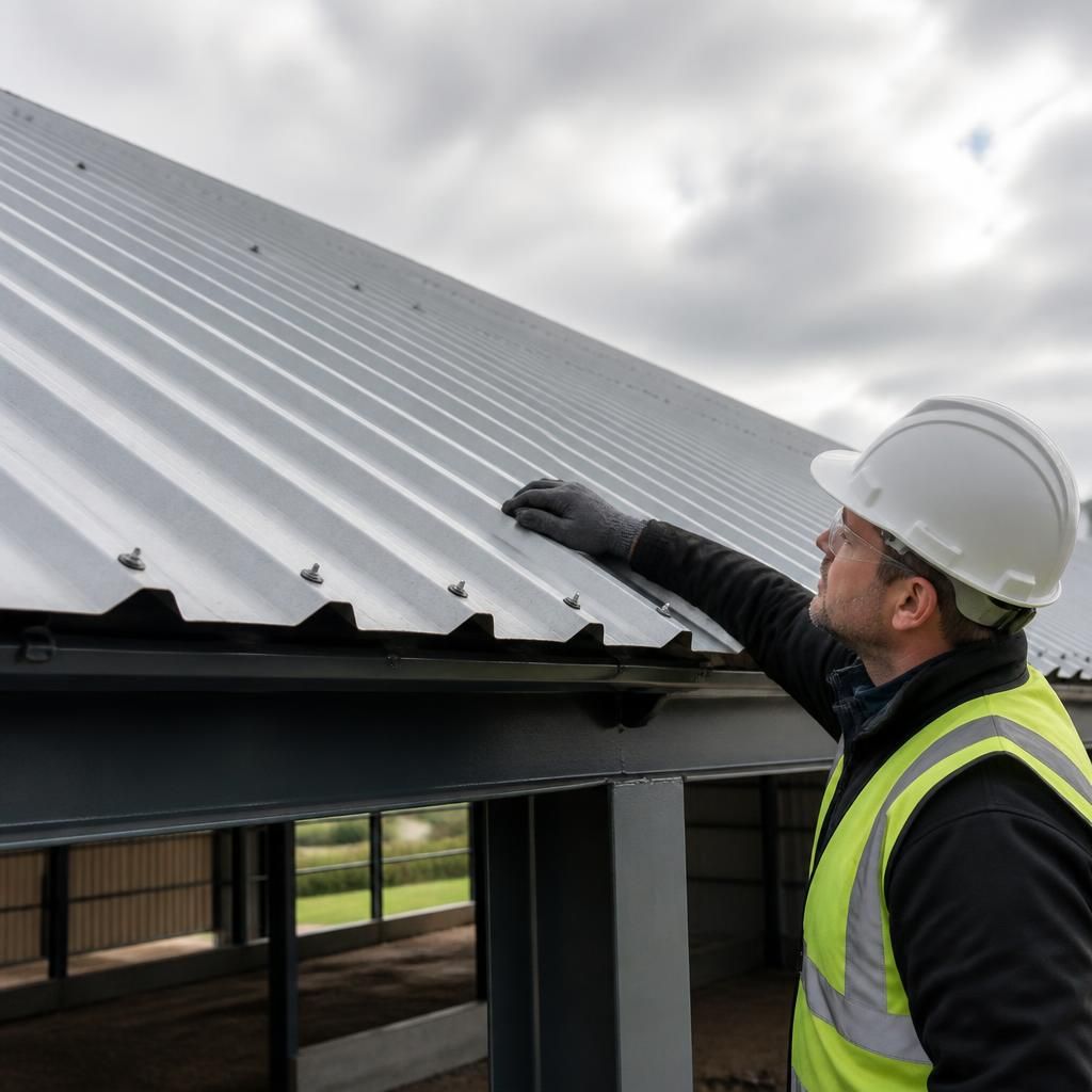 Galvanised corrugated roofing sheets installed on a steel-framed building
