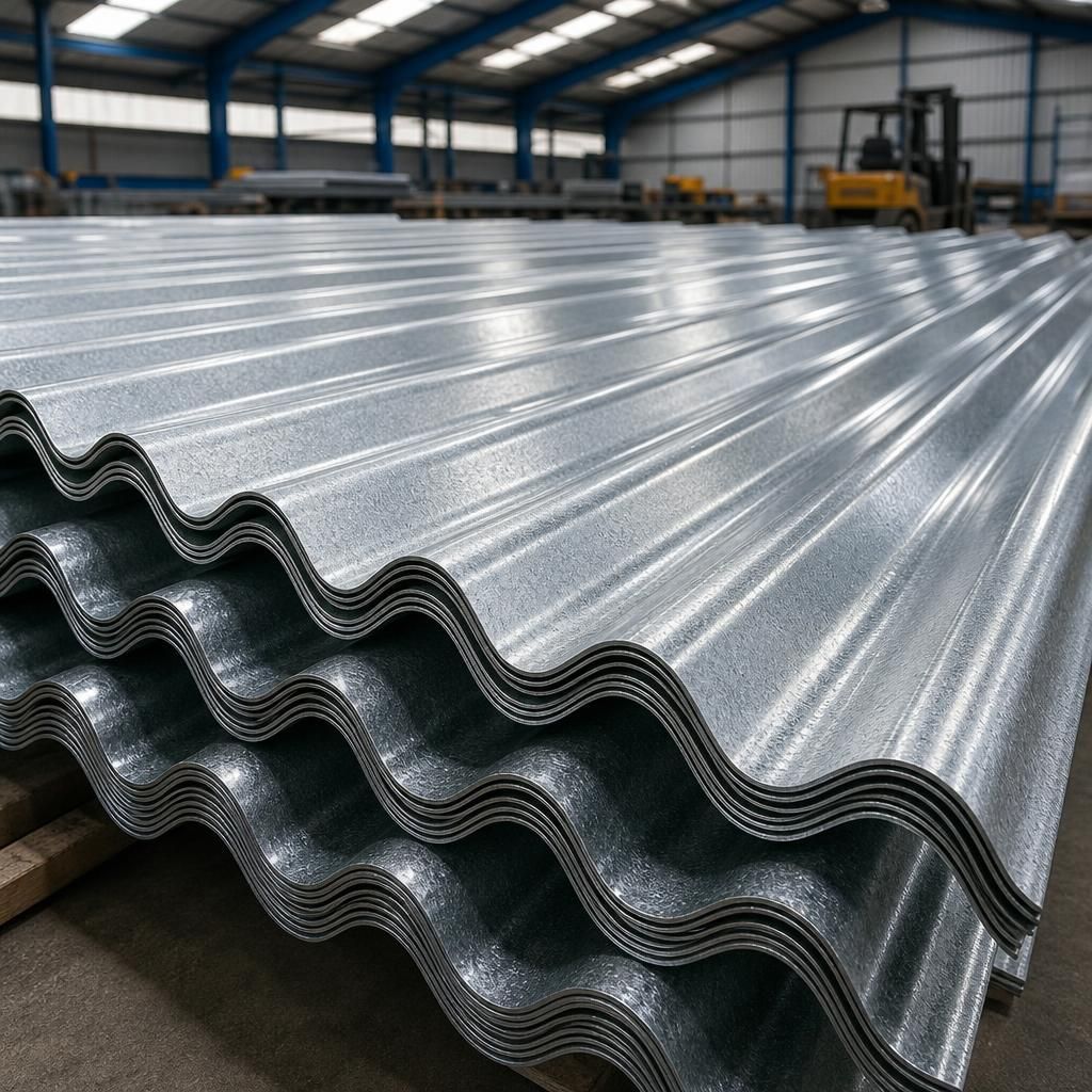 Galvanised corrugated roofing sheets showing different corrugation depths and wave patterns