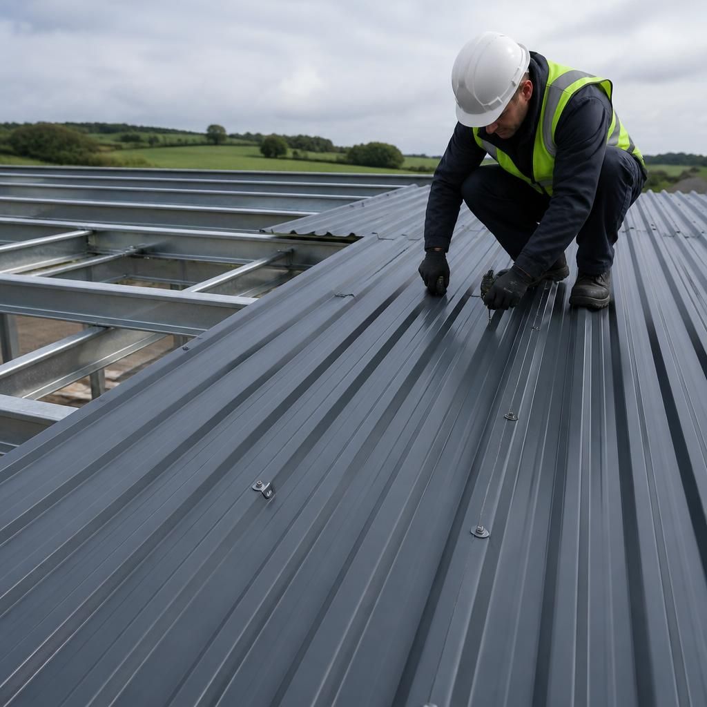 Corrugated steel roofing sheets fixed across supporting purlins