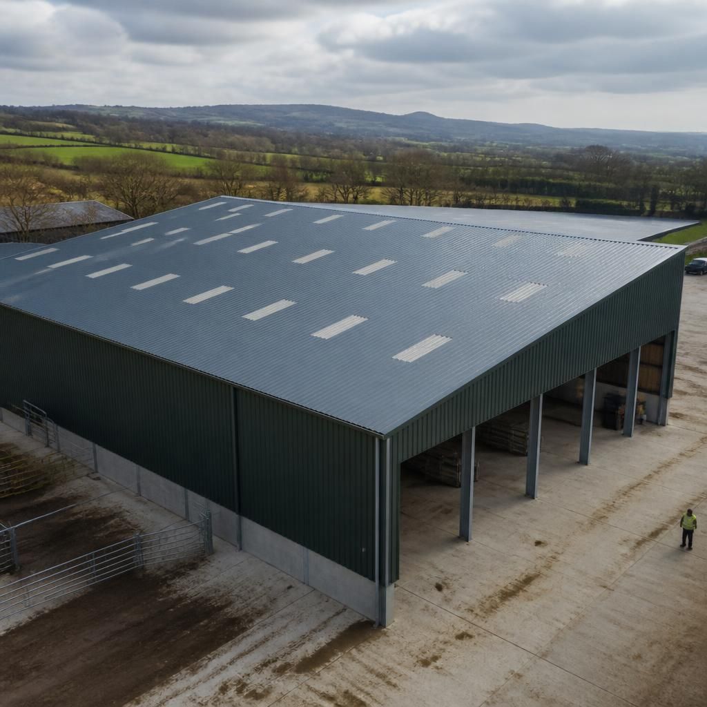 Large steel-framed agricultural building with corrugated roof sheets