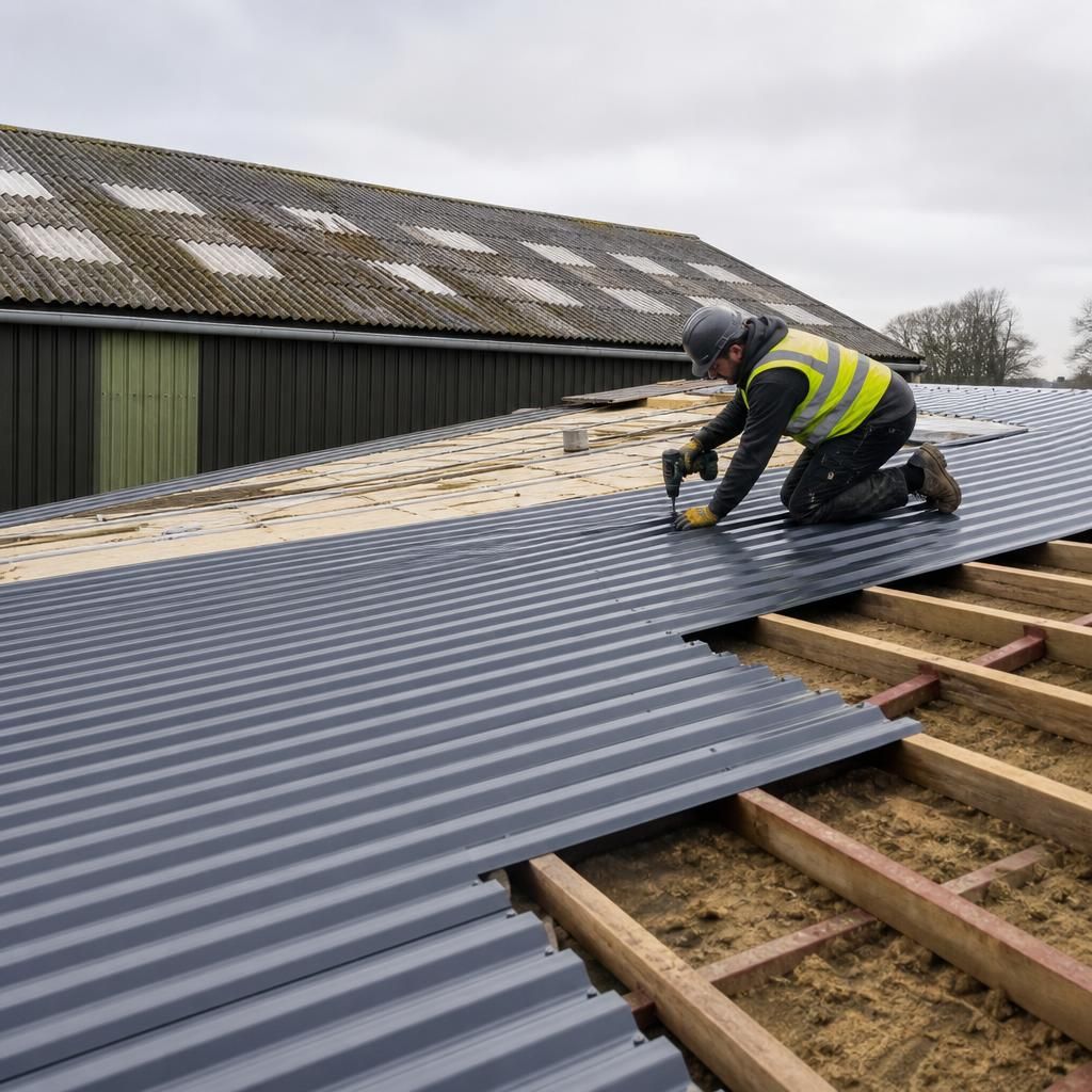 Corrugated roofing sheets being installed on an existing agricultural building during refurbishment