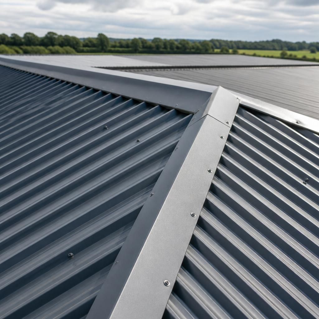 Corrugated roofing sheets meeting at a roof ridge with metal flashing