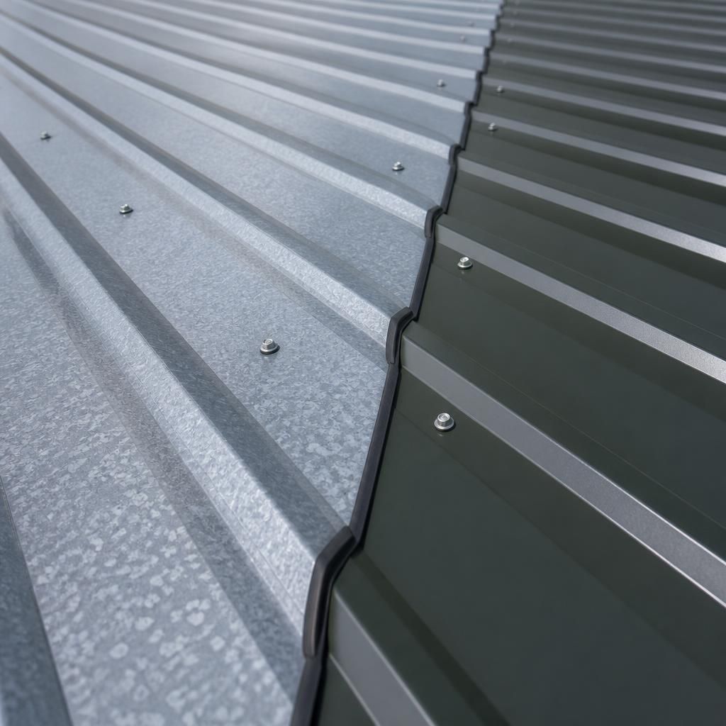 Close-up of galvanised and factory-coated corrugated roofing sheet surfaces