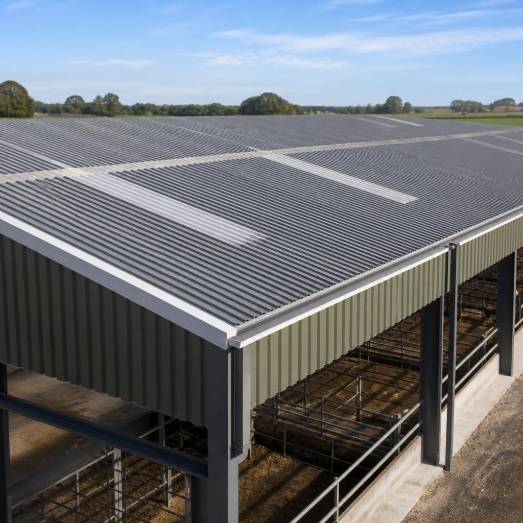 Corrugated roof sheets fitted to a steel-framed agricultural building