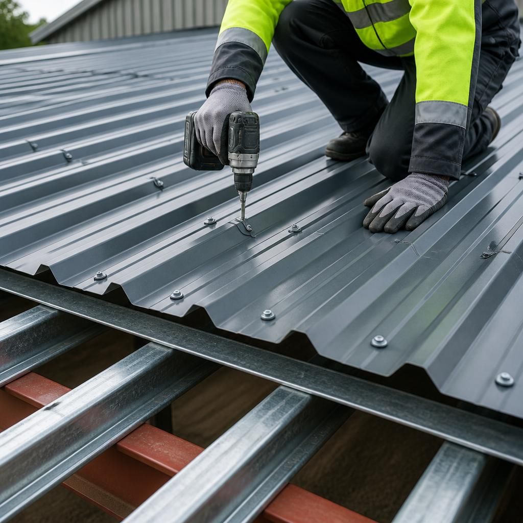 Corrugated roofing sheets meeting at a side lap over steel purlins